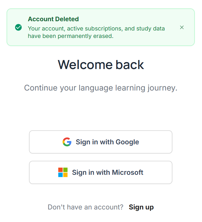 Redirect to login with account deleted confirmation banner
