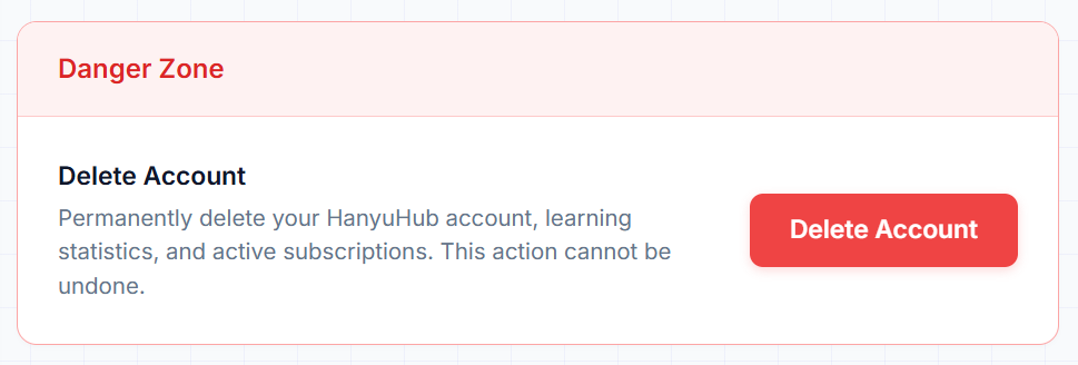 Danger Zone account deletion card