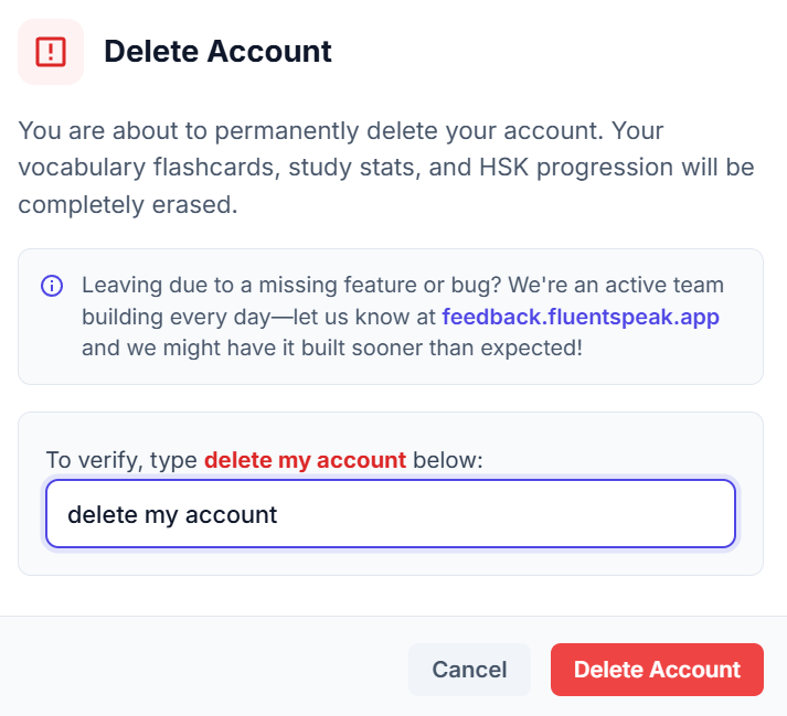 Delete account confirmation modal