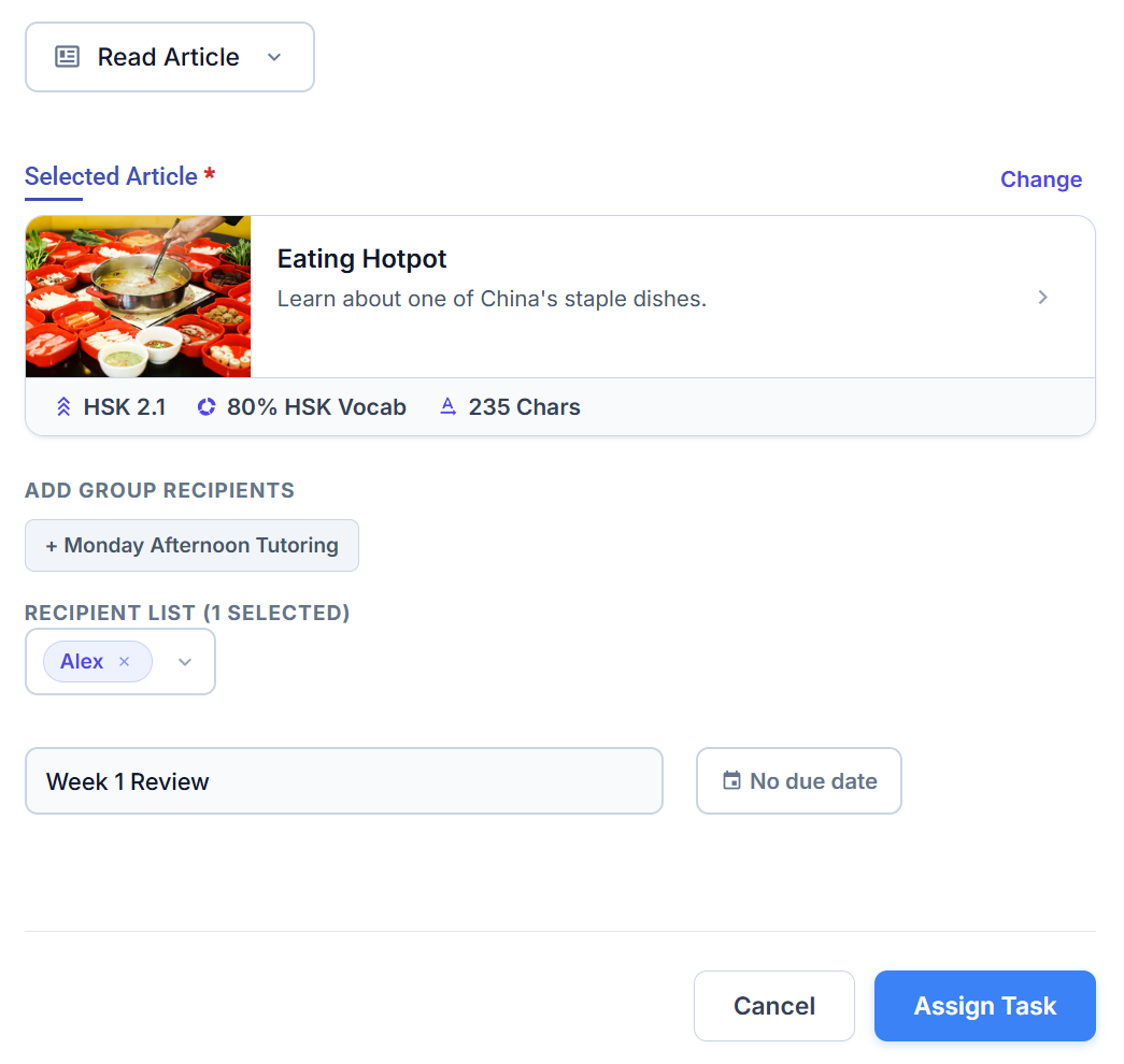 Create new task selection modal