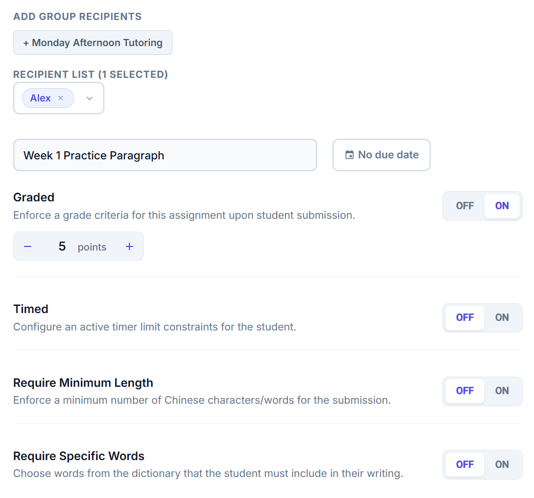 Task options: Graded, Timed, Min length, Required words