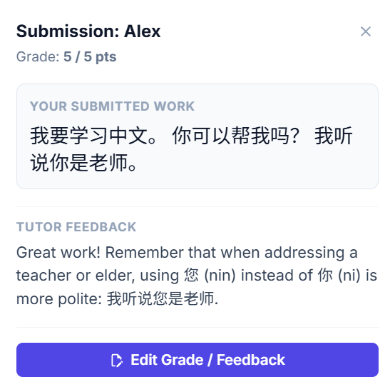Completed submission with feedback popover