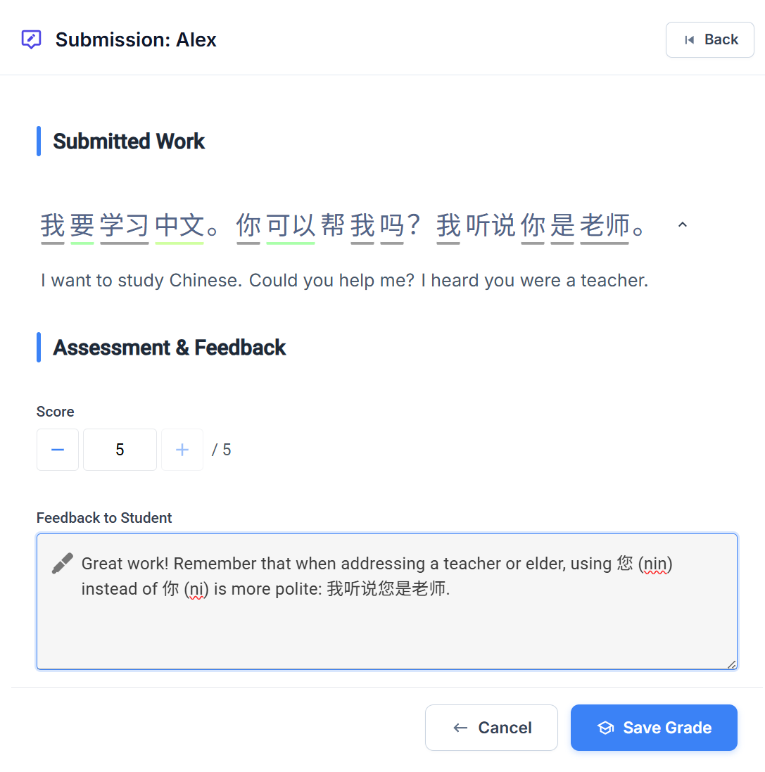 Tutor grading and feedback modal